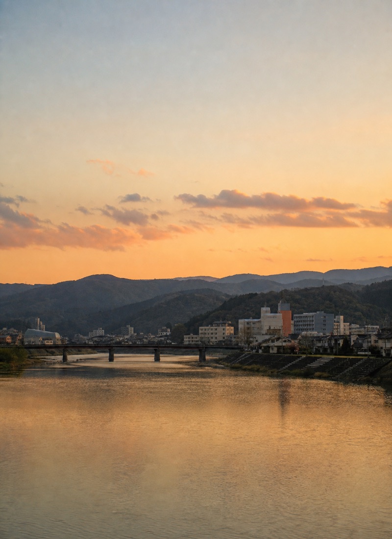 夕暮れの川越しに地域のまちと山並みを見る遠景
