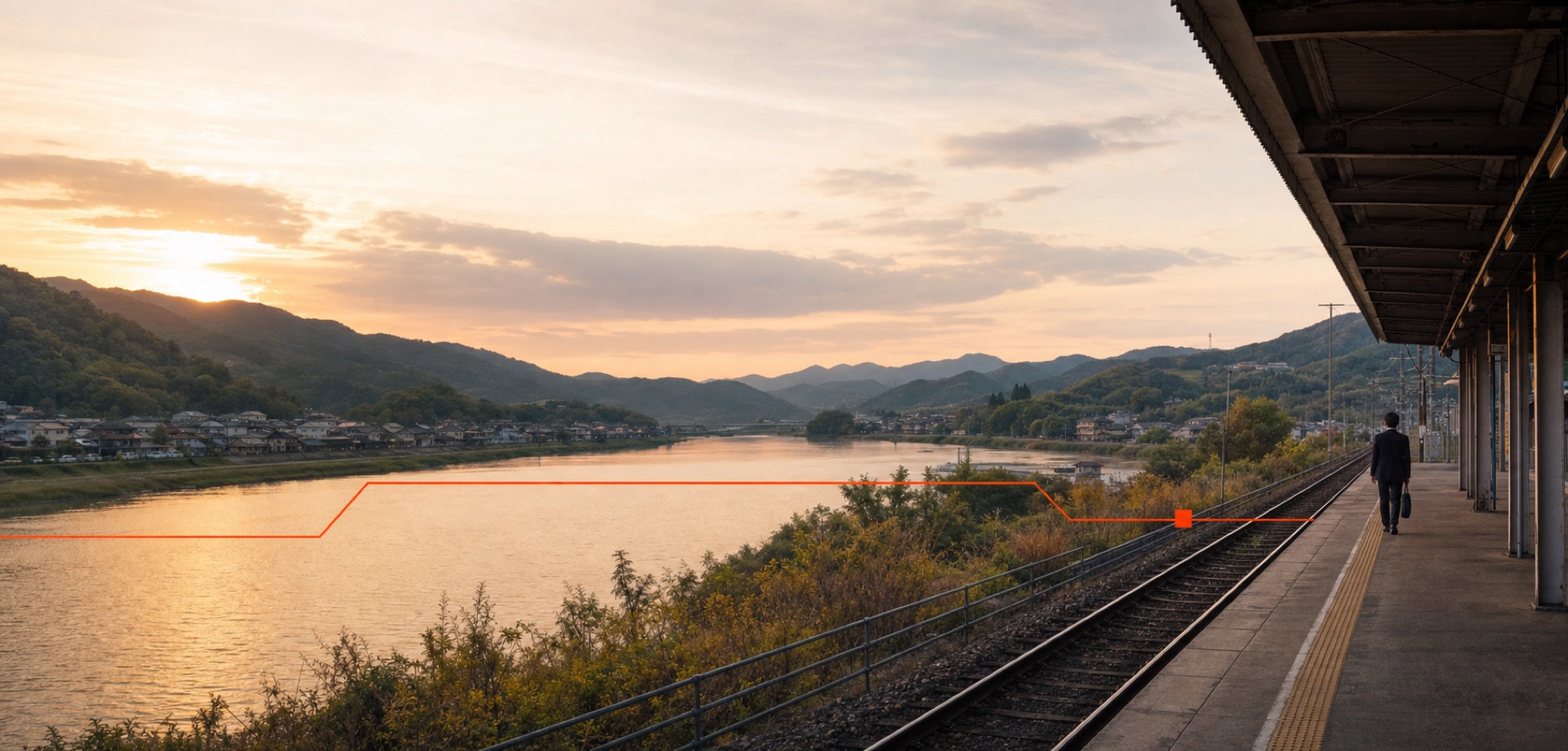 夕暮れの川と山を望む地域の駅。ホームを一人の会社員が歩き、オレンジの線が現在地へ続いている